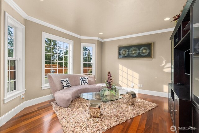 dining area featuring ornamental molding, dark wood-style flooring, and baseboards
