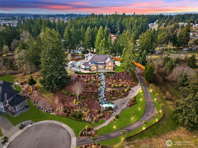 aerial view at dusk featuring a view of trees