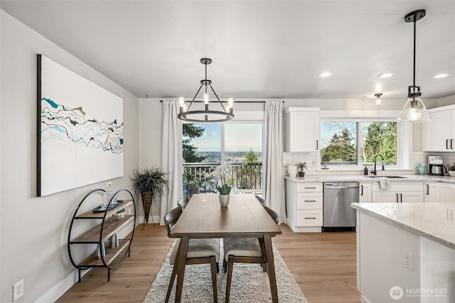 kitchen featuring a sink, white cabinetry, a healthy amount of sunlight, backsplash, and dishwasher