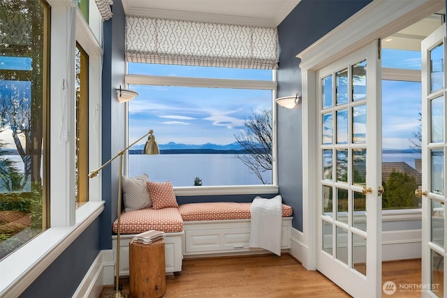 sunroom / solarium with french doors and a water and mountain view