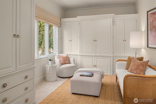 living area with carpet, ornamental molding, and baseboards