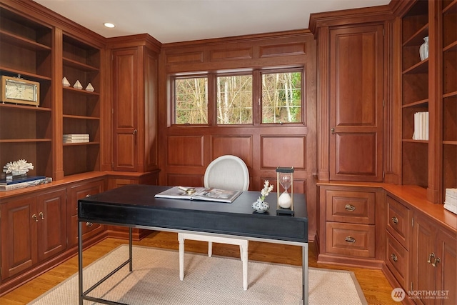 office space with recessed lighting and light wood-style flooring