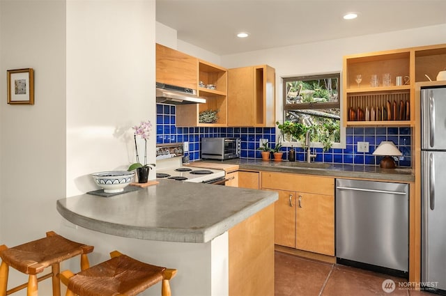 kitchen with under cabinet range hood, a peninsula, stainless steel appliances, backsplash, and open shelves