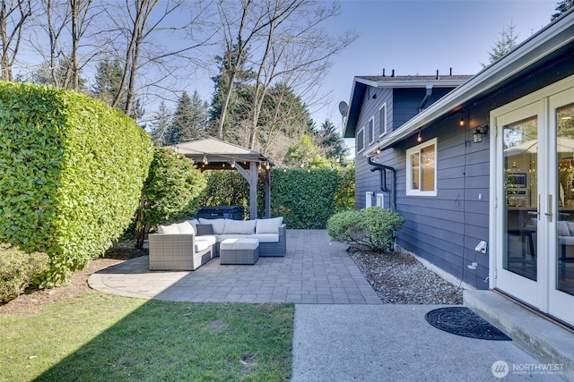 view of patio / terrace featuring a gazebo, french doors, and outdoor lounge area