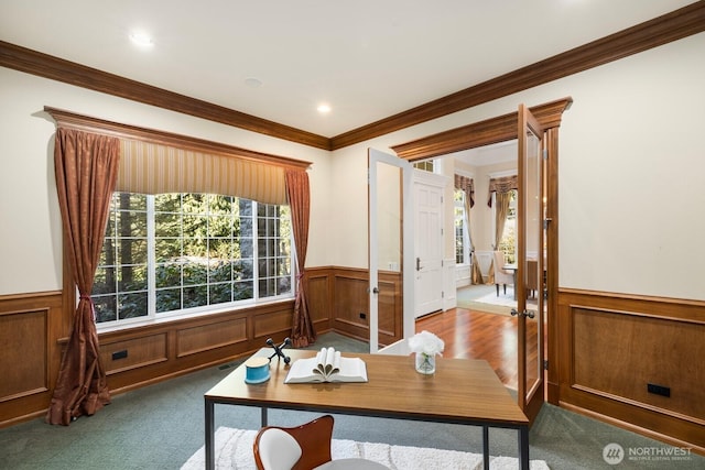 office space with carpet floors, recessed lighting, wainscoting, and visible vents