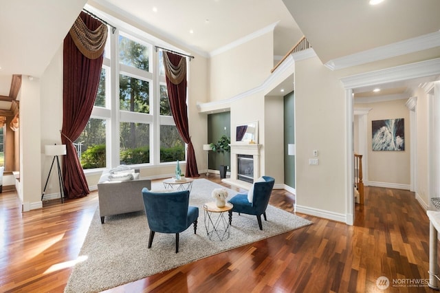 living area with a towering ceiling, ornamental molding, a glass covered fireplace, wood finished floors, and baseboards