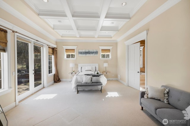 bedroom featuring carpet, access to outside, coffered ceiling, beamed ceiling, and baseboards