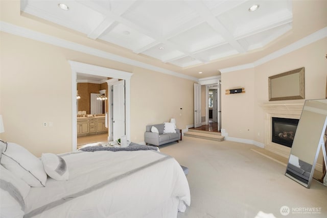 carpeted bedroom featuring coffered ceiling, a glass covered fireplace, beam ceiling, and crown molding