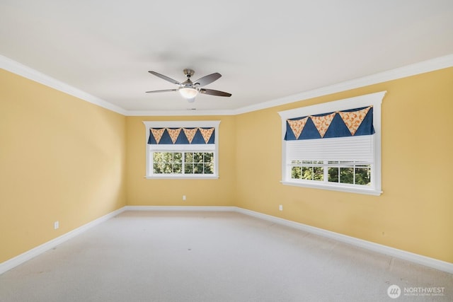 empty room with ornamental molding, carpet flooring, and baseboards