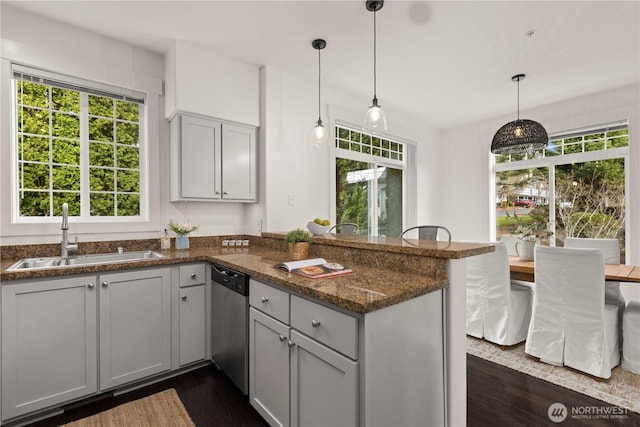 kitchen with a peninsula, stainless steel dishwasher, dark wood-style flooring, and a sink