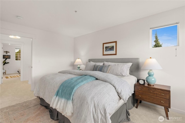 bedroom with baseboards and light colored carpet