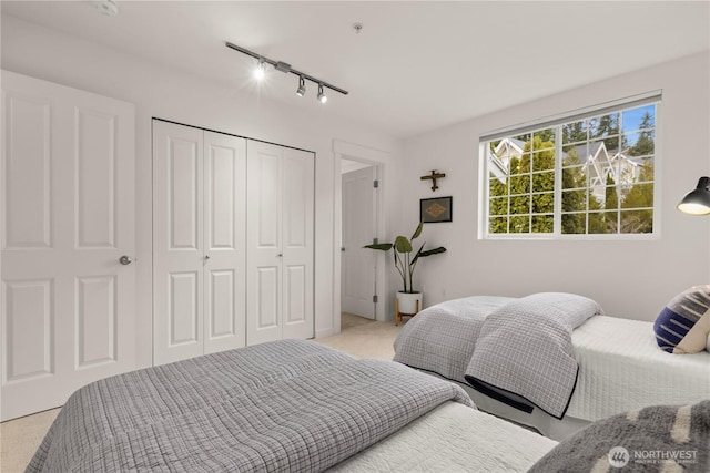 bedroom featuring rail lighting, a closet, and light colored carpet