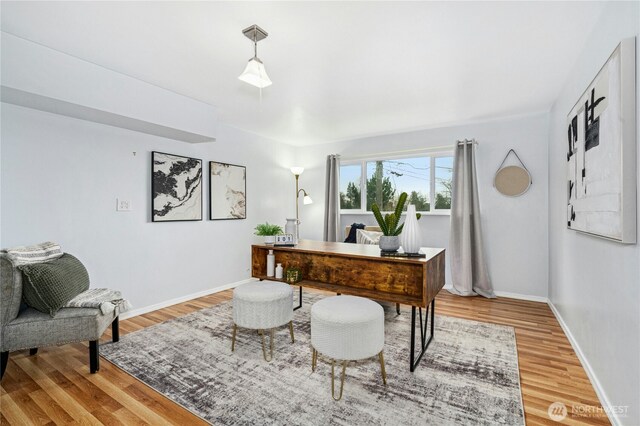 office featuring baseboards and wood finished floors