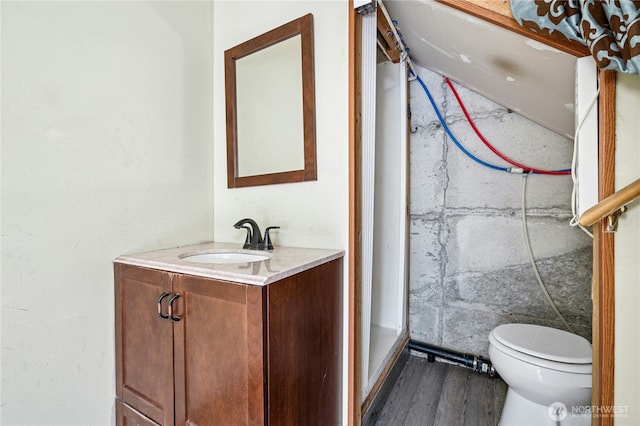 bathroom with vanity, toilet, and wood finished floors