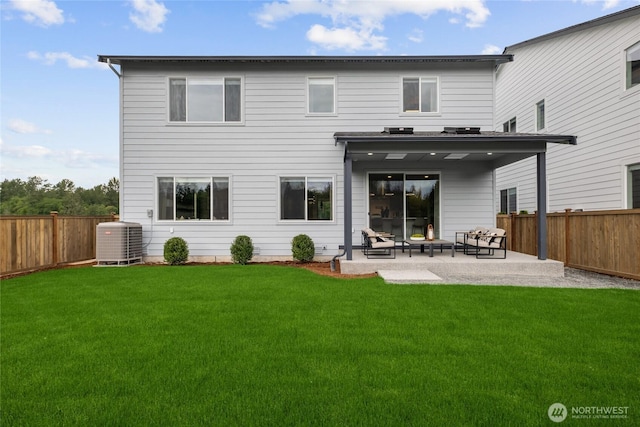 rear view of house featuring a patio area, central AC, a lawn, and a fenced backyard