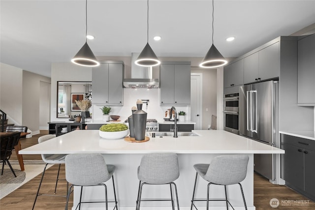 kitchen with appliances with stainless steel finishes, dark wood-style flooring, gray cabinets, wall chimney range hood, and a sink