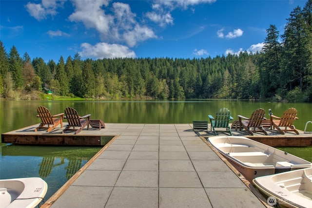 dock area with a view of trees and a water view