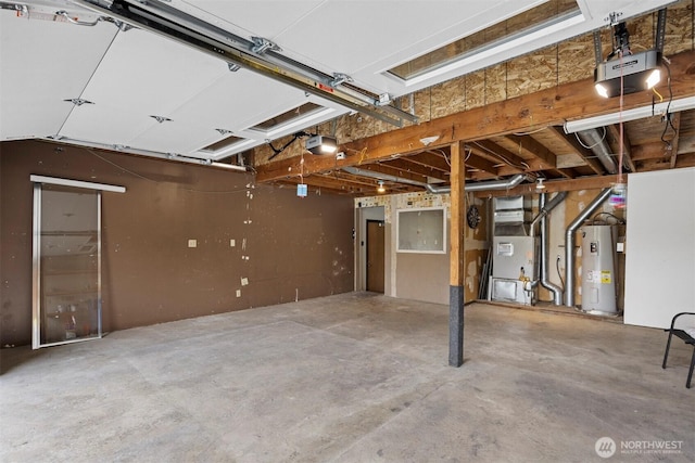 garage with water heater, heating unit, and a garage door opener