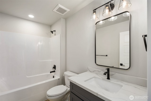 bathroom with visible vents, toilet, tub / shower combination, vanity, and recessed lighting