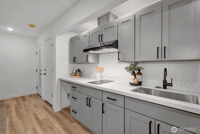 kitchen featuring under cabinet range hood, gray cabinetry, black electric stovetop, and a sink