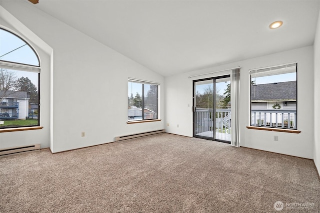 empty room with carpet floors, a baseboard radiator, and lofted ceiling