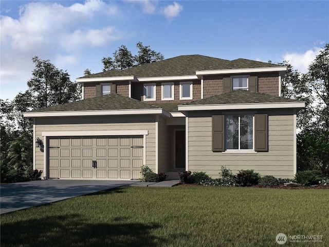 view of front facade with a garage, concrete driveway, and a front lawn