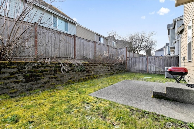 view of yard featuring a patio and a fenced backyard