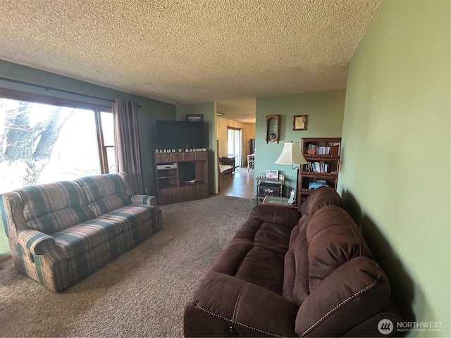 living room with carpet and a textured ceiling