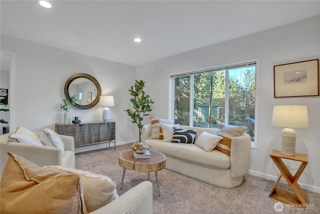 living room with carpet, baseboards, and recessed lighting