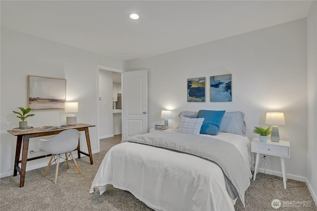 bedroom featuring carpet, baseboards, and recessed lighting