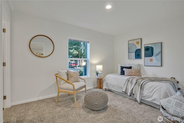 carpeted bedroom with recessed lighting and baseboards