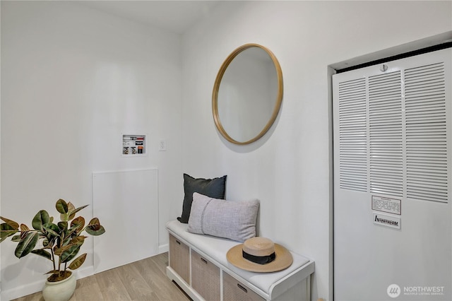 interior space featuring light wood finished floors and a heating unit