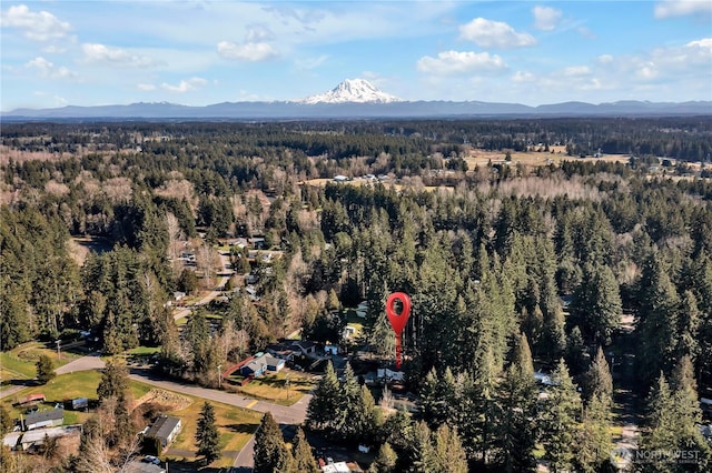 drone / aerial view with a mountain view and a wooded view