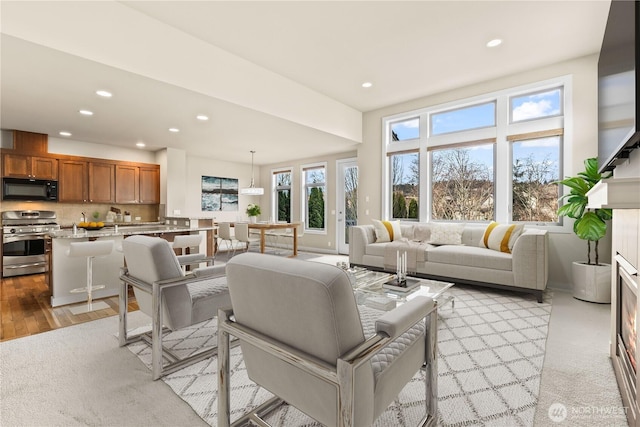 living room featuring light wood-type flooring and recessed lighting