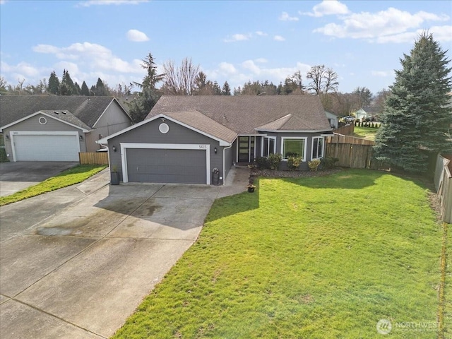 ranch-style house with driveway, a garage, fence, and a front lawn