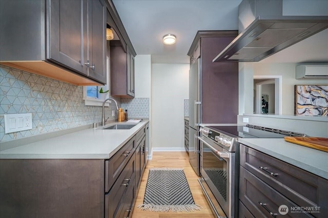 kitchen with stainless steel range with electric cooktop, a sink, wall chimney range hood, and dark brown cabinetry