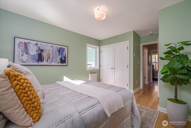 bedroom with a closet, multiple windows, wood finished floors, and baseboards