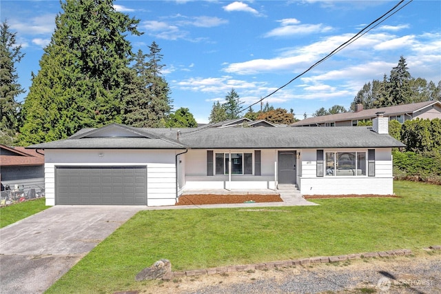 ranch-style home featuring a garage, a front lawn, concrete driveway, and roof with shingles