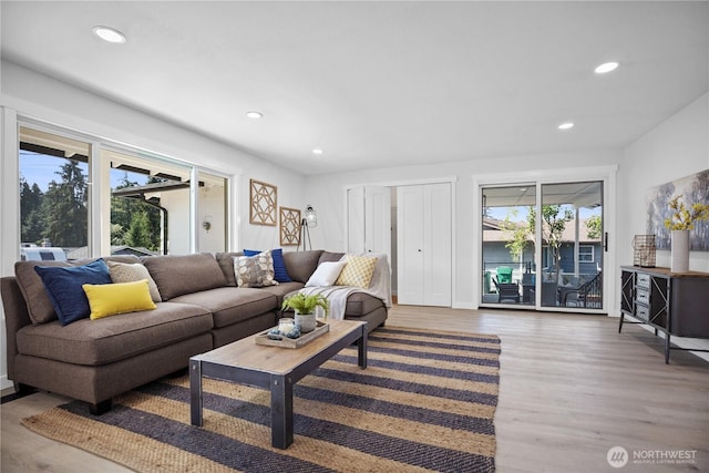 living area with wood finished floors and recessed lighting