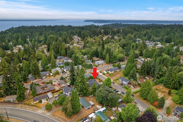 bird's eye view with a water view and a view of trees