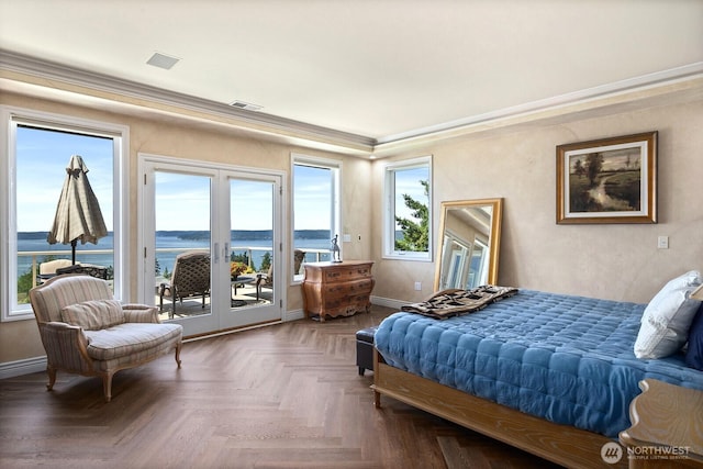 bedroom featuring baseboards, french doors, visible vents, and access to exterior