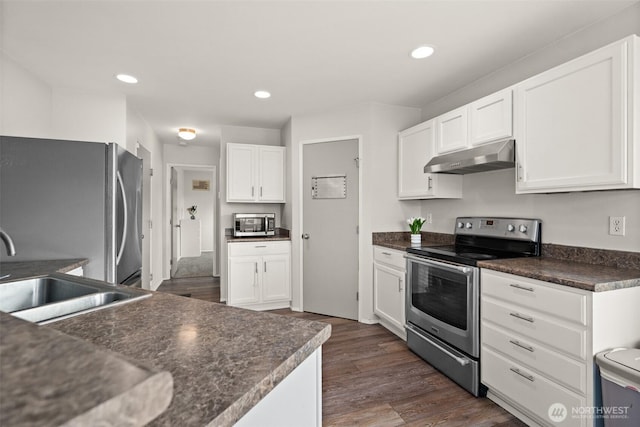 kitchen with a sink, stainless steel appliances, under cabinet range hood, white cabinetry, and dark countertops