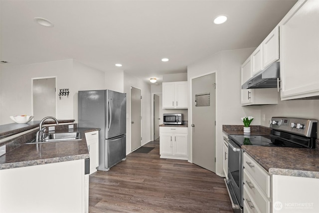 kitchen featuring dark wood-style floors, a sink, stainless steel appliances, under cabinet range hood, and white cabinetry