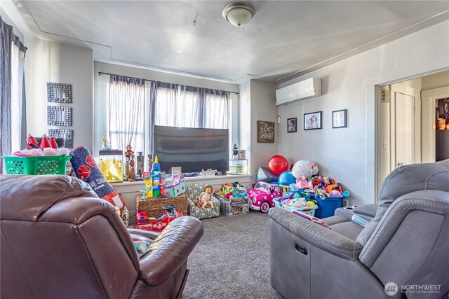 living area featuring carpet and a wall unit AC