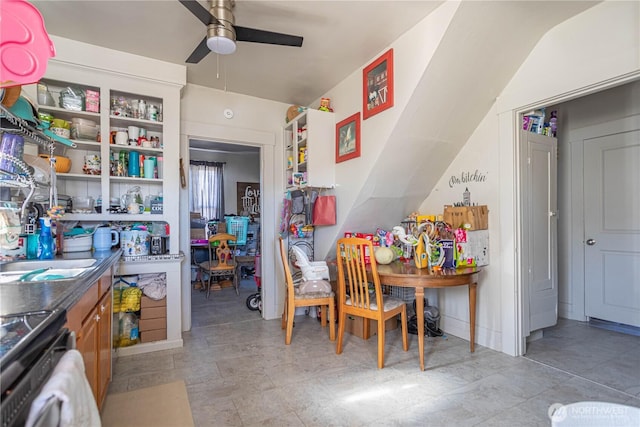 kitchen with range, open shelves, and a ceiling fan