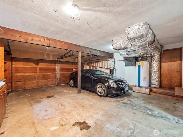 garage with a garage door opener and water heater