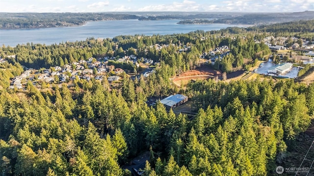 drone / aerial view with a water view and a forest view