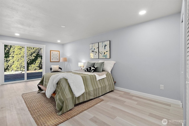 bedroom featuring a textured ceiling, recessed lighting, baseboards, access to outside, and light wood finished floors