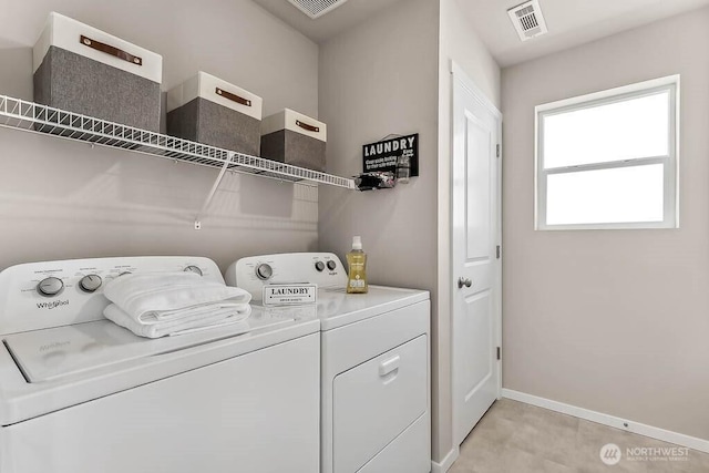 laundry area with laundry area, washer and clothes dryer, visible vents, and baseboards