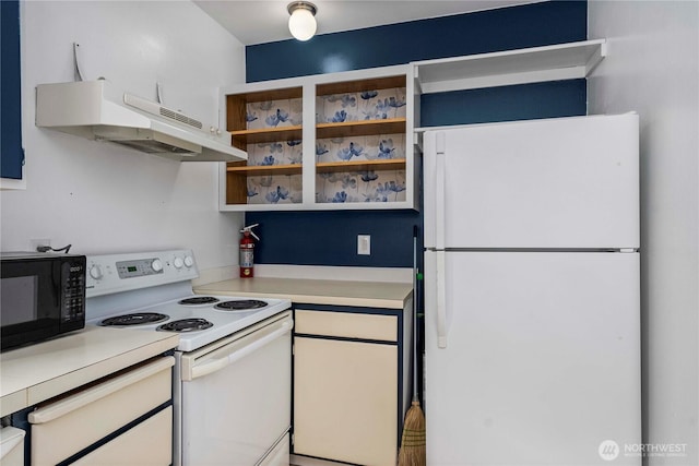 kitchen featuring light countertops, white appliances, open shelves, and under cabinet range hood